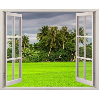 Tranh dán tường cửa sổ HD Cánh đồng lúa xanh CS-0019 Kim sa