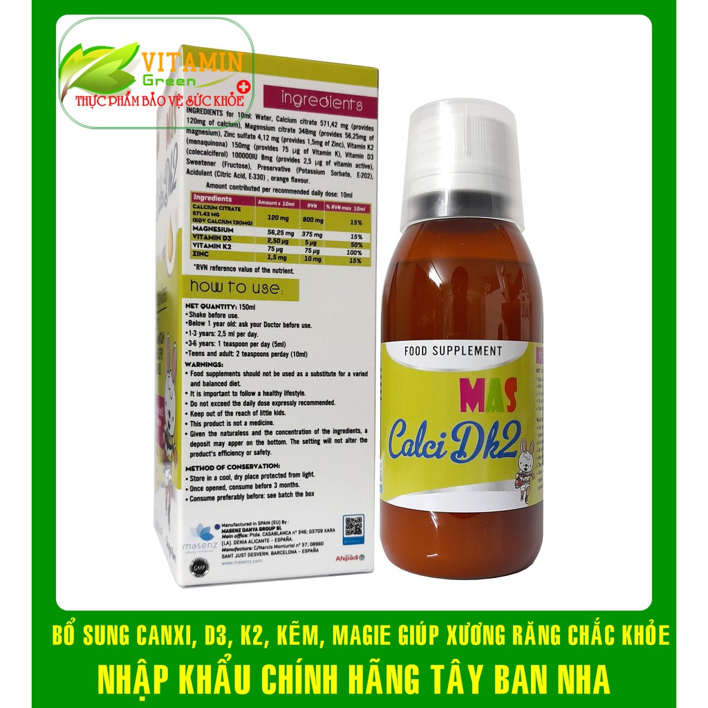 MAS CALCI DK2 BỔ SUNG CANXI D3K2, KẼM, MAGIE CHO BÉ GIÚP PHÁT TRIỂN CHIỀU CAO | NHẬP KHẨU CHÍNH HÃNG TÂY BAN NHA