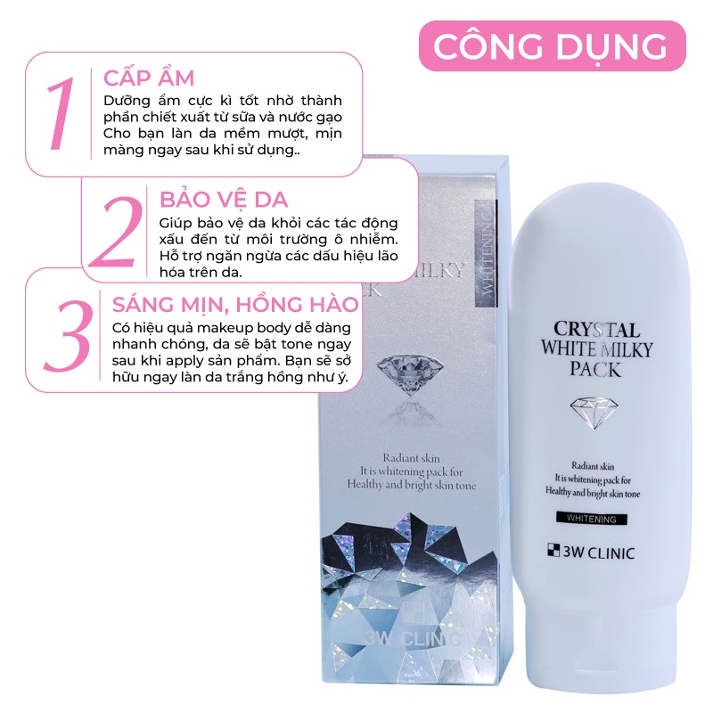 Kem Ủ Trắng Da Body Nâng Tone Crystal White Milky Body Lotion 3W Clinic Hàn Quốc giúp trắng da / dưỡng ẩm 200ml