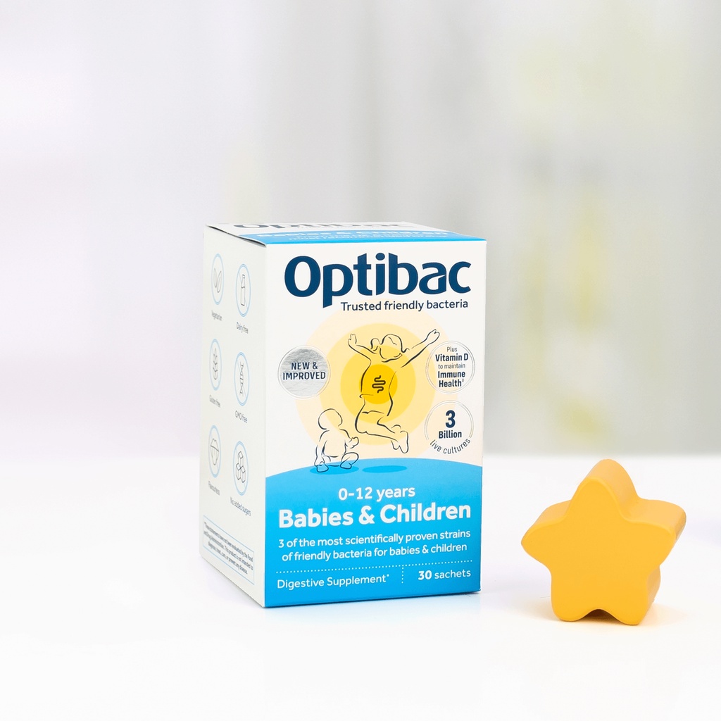 Men vi sinh Optibac Babies & children, bổ sung men vi sinh & chất xơ, vitamin D cho trẻ em từ 0 -12 tuổi, hộp 30 gói