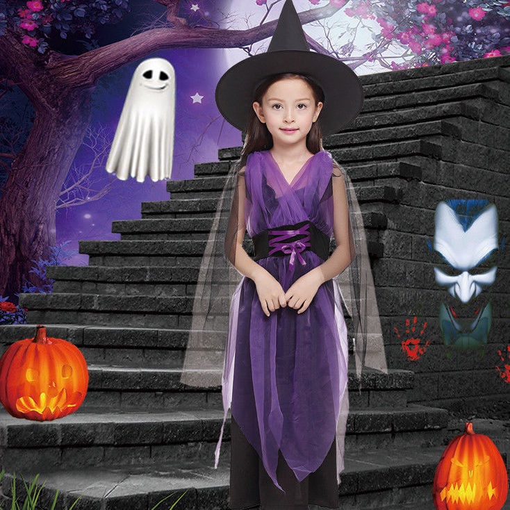 Đầm Hóa Trang Halloween Nhân Vật Phù Thủy Cho Bé Gái Kích Thước 100-150