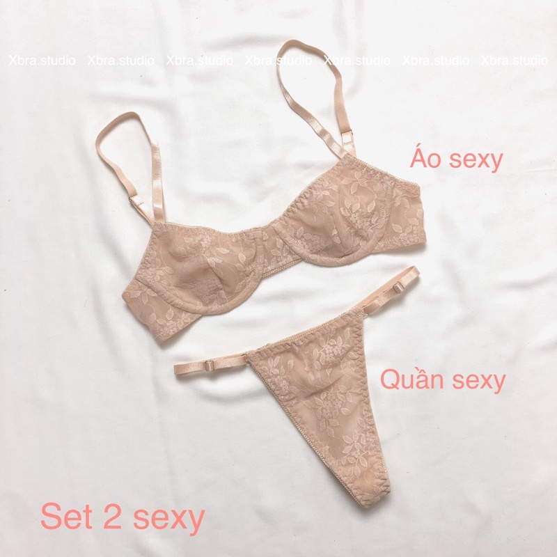 Bộ đồ lót, áo lót có gọng ren lưới thêu hoa màu nude
