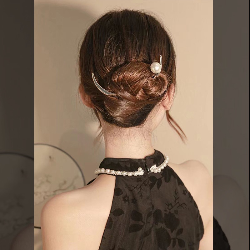 Trâm cài tóc nữ cá tính hình trăng khuyết bán nguyệt đính hạt trai ABS dùng búi tóc hằng ngày phong cách công sở vintage