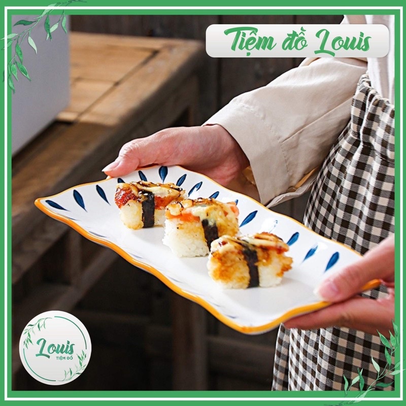 Đĩa Sứ Dài Hình Chữ Nhật Đựng Thức Ăn Sushi Hoạ Tiết Phong Cách Kiểu Nhật Decor Bàn Ăn Dĩa Sứ Ăn Cơm