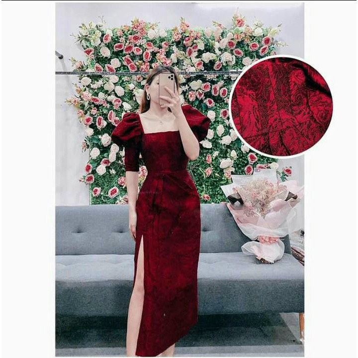 Đầm Dự Tiệc Đầm Thiết Kế Tay Phồng Xẻ Tà Chất Gấm Hoa Hồng Đẹp Xuất Sắc Hanaki HNK1005 | BigBuy360 - bigbuy360.vn