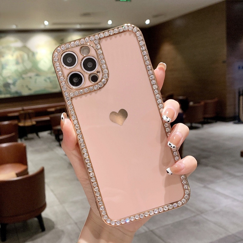 Ốp Điện Thoại Đính Đá Hình Trái Tim Dễ Thương Cho iPhone 11 12 13 Pro Max
