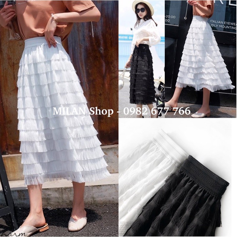 Chân váy dài tầng tua rua style