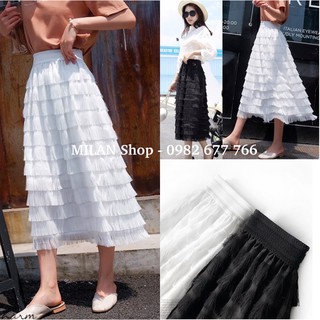 Chân váy dài tầng tua rua style
