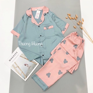 Pyjama Lụa Áo Cộc Quần Dài Hoạ Tiết Dễ Thươngo