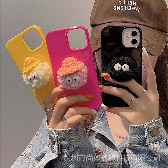 Ốp Điện Thoại TPU Phối Lông Màu Macaron Phong Cách Nhật Hàn Dễ Thương Kèm Giá Đỡ Cho 13PRO X / XSMAX XR Phone Case 11 12 7 8P
