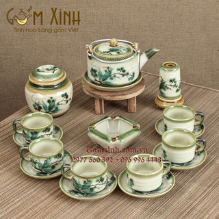 ấm chén Bát Tràng_Bộ bình trà ba chân vẽ tre xanh men da lươn & phụ kiện