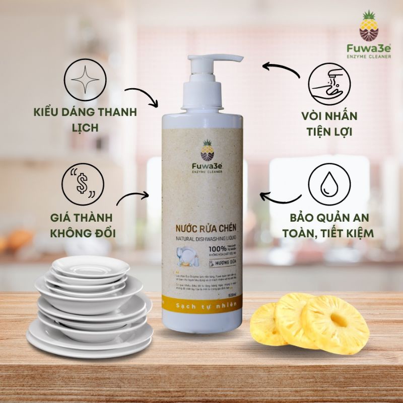 Nước Rửa Bát Hữu Cơ Fuwa3e Organic Enzyme sinh học 500ml an toàn cho bé bảo vệ da tay