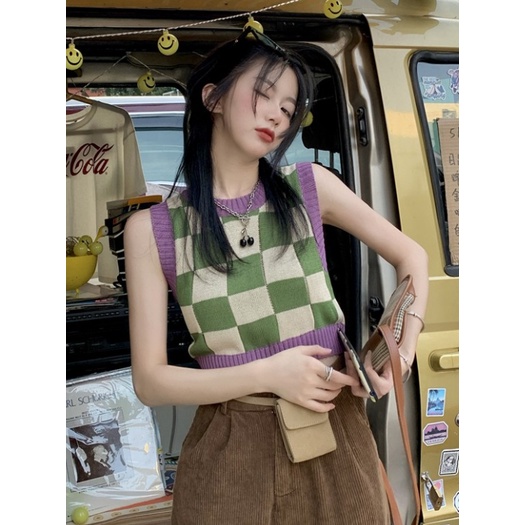 Áo Sweater Dệt Kim Không Tay Màu Sắc Tương Phản Phong Cách Hàn Quốc