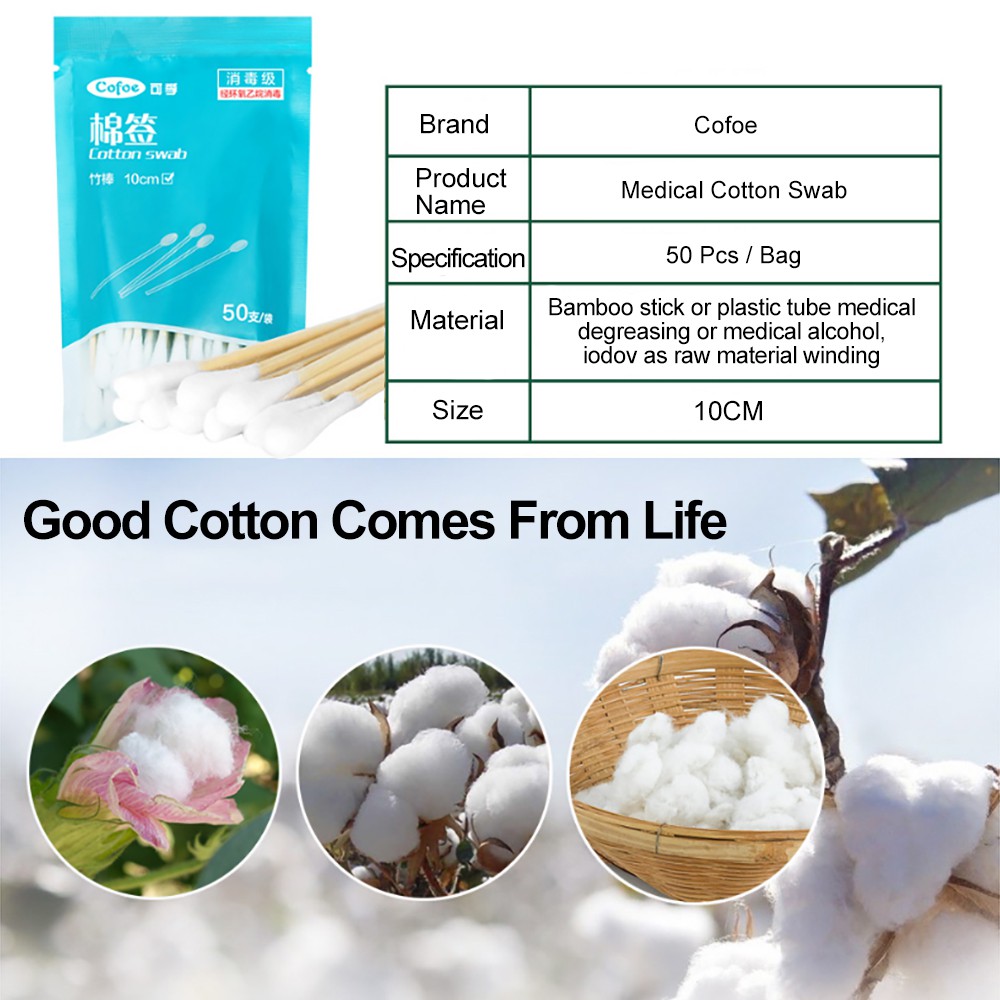 Set 50 Tăm Bông Y Tế Cofoe Với Phần Đầu Được Làm Từ Cotton Dùng Cho Trang Điểm Và Vệ Sinh Mũi/Tai