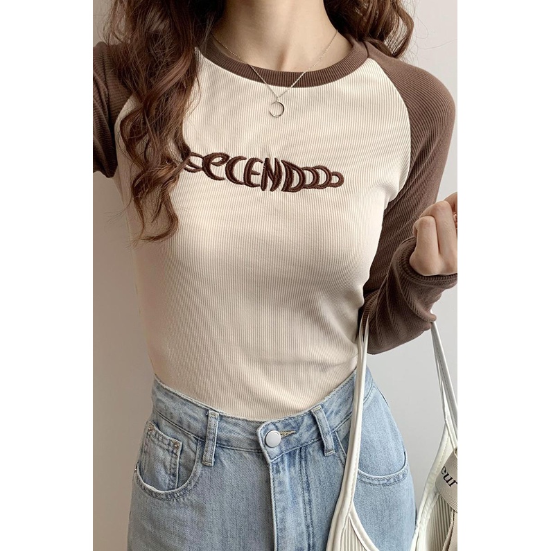 Áo Thun Dệt Kim Tay Dài Dáng Ôm In Họa Tiết Màu Sắc Tương Phản Thời Trang Mùa Thu Cho