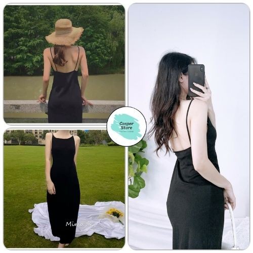 Váy Thun Nữ Hai Dây Hở Lưng ⚡ Casper.Store | FREESHIP | ⚡ Đầm midi suông dang dài hơi ôm body màu đen trơn basic korea