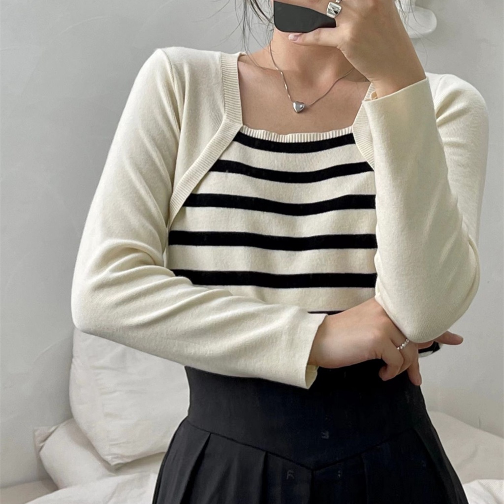 SUXI Áo Sweater Dệt Kim Tay Dài Dáng Ôm Họa Tiết Kẻ Sọc Thời Trang Mùa Thu Mới Cho Nữ