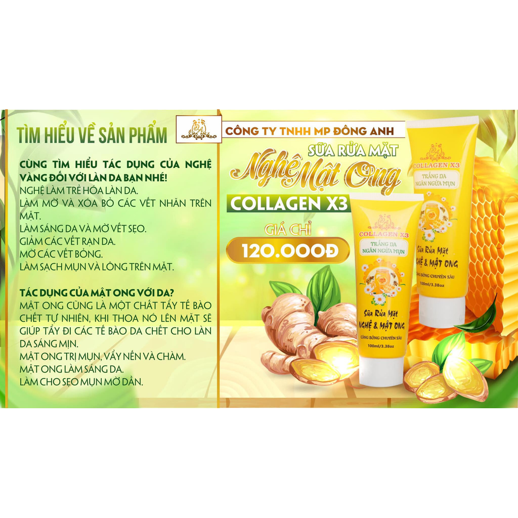 Sữa rửa mặt nghệ mật ong Collagen X3 Mỹ Phẩm Đông Anh