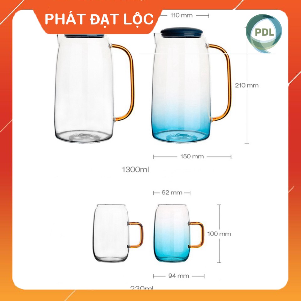 Bình Nước Thủy Tinh 1400ml - Phát Đạt Lộc - Có bán riêng 4 Ly 230ml, Khay