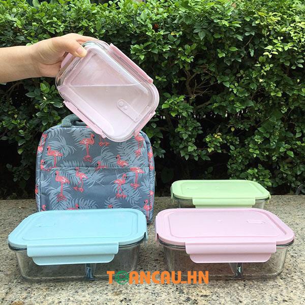 Hộp cơm văn phòng thủy tinh chia ngăn chống tràn Túi giữ nhiệt + Bộ thìa - Hộp đựng thực phẩm(Nắp bằng) | BigBuy360 - bigbuy360.vn