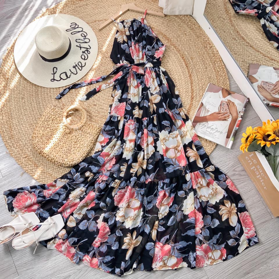 Maxi 2 dây yếm hoa xếp tầng phối eo bo chun siêu sang nun nha | BigBuy360 - bigbuy360.vn