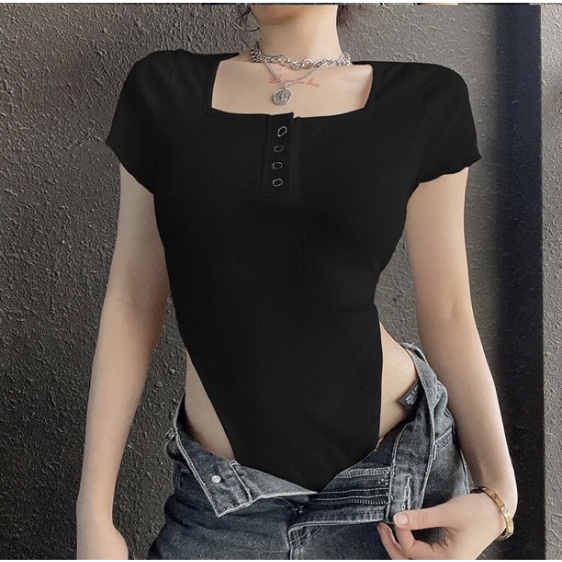 Bodysuit nữ khoét eo cao sexy, tay ngắn, cổ tròn, nút trước ngực, chất thun gân, áo liền thân ôm body | BigBuy360 - bigbuy360.vn
