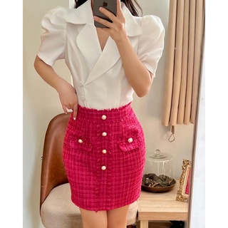 Chân váy dạ tweed hồng