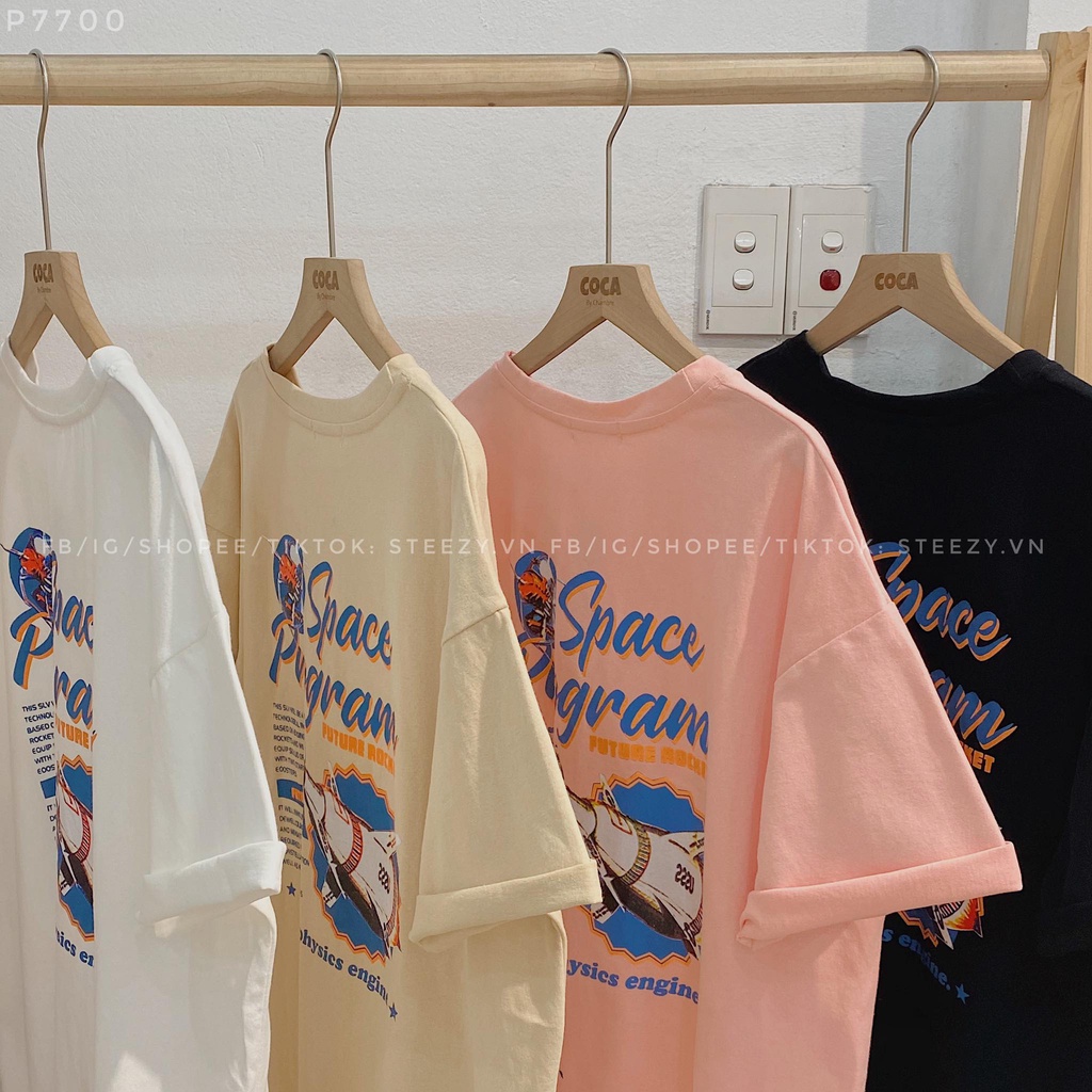 Áo thun cotton mặt lông dày in hình tên lửa chữ S P A C E P R O G R A M (Có sẵn/Ảnh thật)