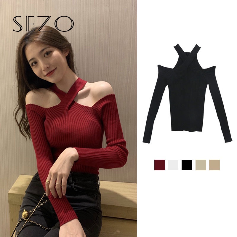 QKOOLE  Áo dệt kim tay dài dáng ôm phong cách Hàn Quốc quyến rũ dành cho nữ