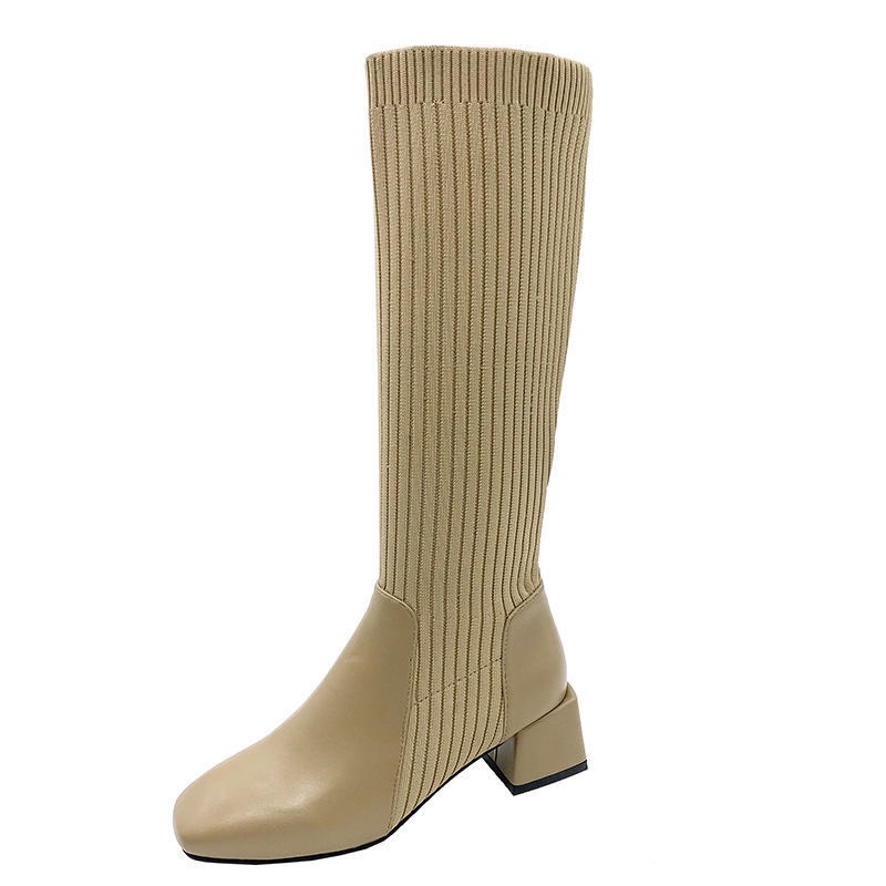 [Sẵn Đen,Nâu đậm 36] Bốt đùi nữ da PU phối len đầu vuông sang chảnh hàng Quảng Châu chất lượng tốt | BigBuy360 - bigbuy360.vn