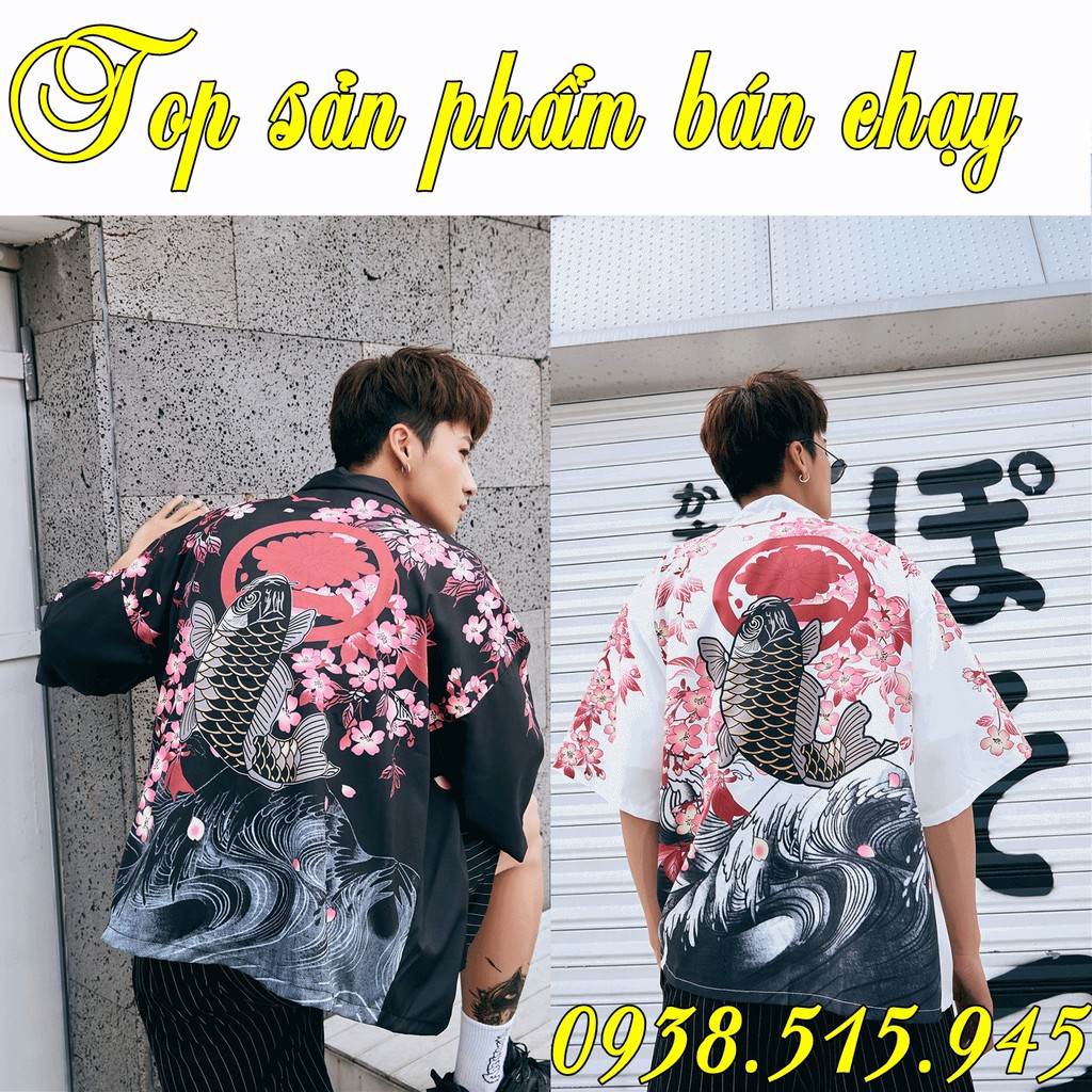 Áo Khoác Cardigan Nam Nữ dáng Kimono Haori Cá KOI Cá Chép màu đen trắng phong cách Nhật Bản Cosplay cho các tín đồ Anime