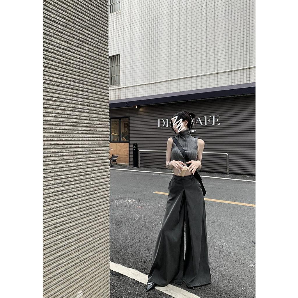 Bộ Áo Dệt Kim Sát Nách Cổ Cao + Quần Ống Rộng Thời Trang Cho Nữ 62313