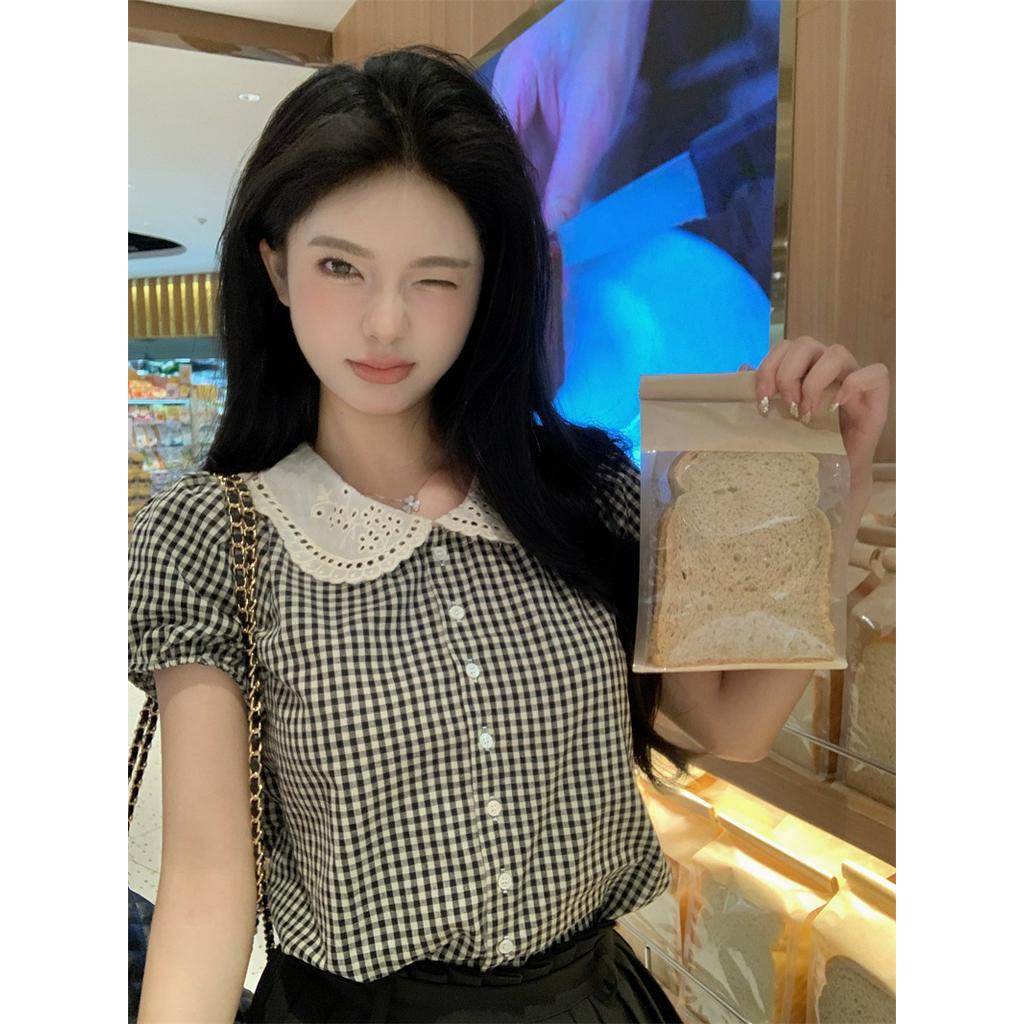 Áo Sơ Mi Kẻ Ô Cổ Tròn Ngắn Tay Phong Cách Hàn Quốc Mới 63694