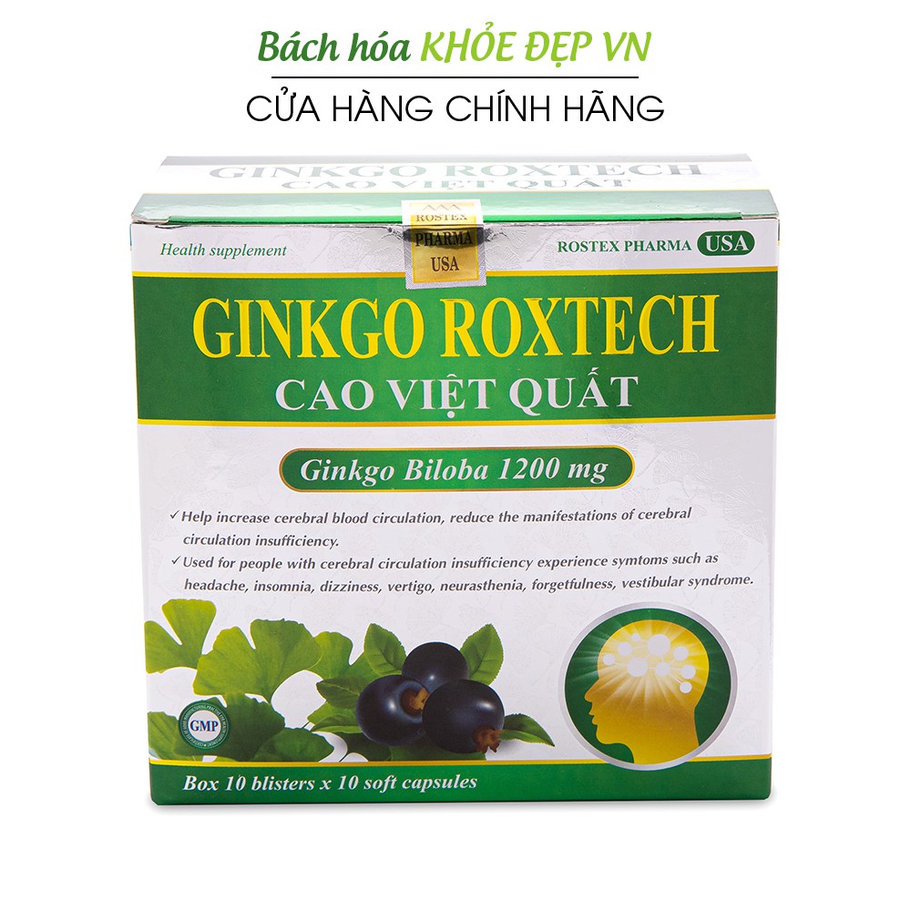 Hoạt huyết dưỡng não Ginkgo Roxtech Cao Việt Quất - Hộp xanh 100 viên