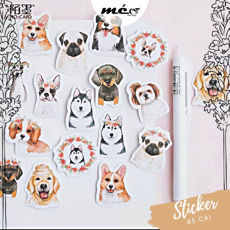 STICKER cún yêu hộp 45 miếng dán trang trí sổ tay, ốp lưng điện thoại - S15