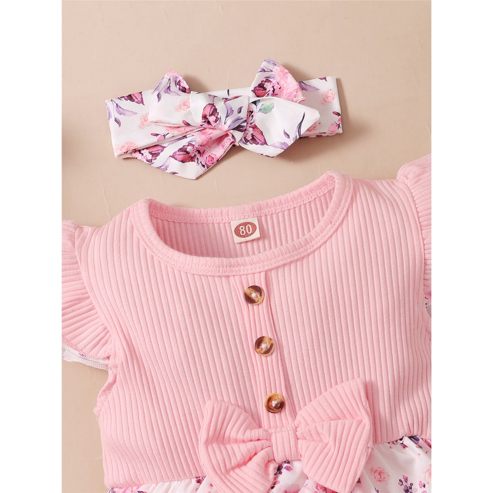 Đầm liền quần MIKRDOO tay cánh tiên họa tiết hoa kèm băng đô dễ thương xinh xắn cho bé gái 0-18 tháng tuổi