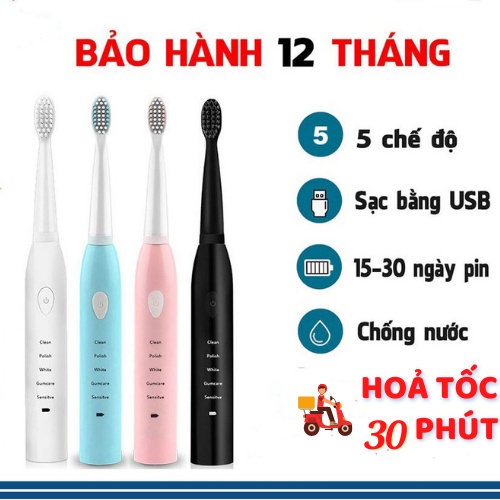 Bàn Chải Điện Tự Động Đánh Răng 5 Chế Độ Với Lông Chải Mềm Mịn, Làm Trắng & Chải Sạch Mảng Bám