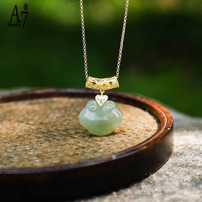 Vòng cổ Bạc S925 Mặt Đá Ngọc Bích Hình Đám Mây Phong Cách Retro Nghệ Thuật Cho Nữ