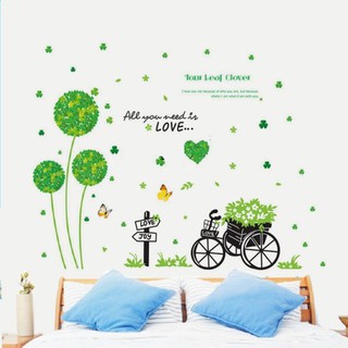 Combo 2 bức decal dán tường mẫu xe đẹp và hoa cẩm tú cầu xanh