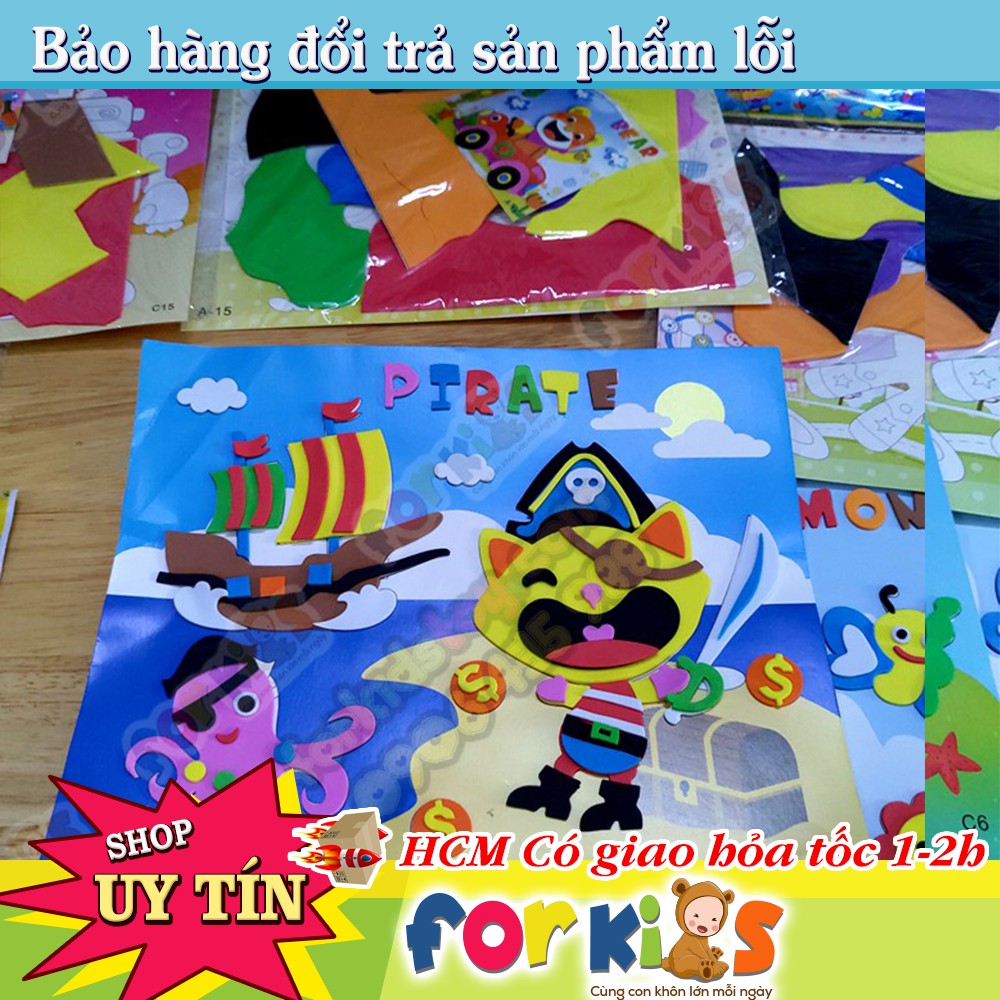 Tranh dán xốp 3D size lớn 26x20cm cho bé sáng tạo khéo tay, combo 10 tranh