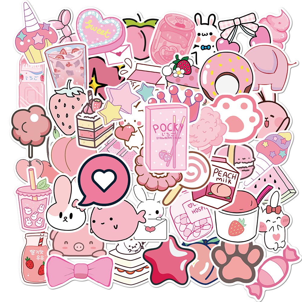 Set 50 chiếc sticker chống thấm nước MÀU HỒNG NGỌT NGÀO DỄ THƯƠNG dán mũ bảo hiểm laptop vali xe máy đàn guitar tường
