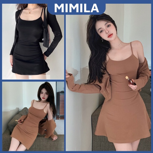 Set Váy Hai Dây Kèm Áo Khoác Ngoài Tay Dài Cho Mùa Thu Đông Siêu Sang Chất Thun Gân Co Giãn Mềm Mịn - MBD041