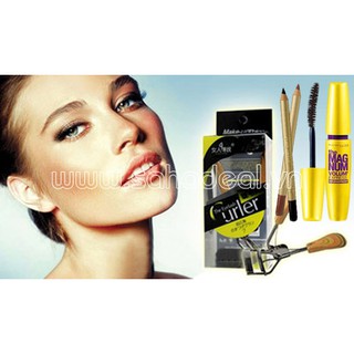 Bấm Mi Gỗ + Mascara Maybelline + 2 Bút Chì Kẻ Mày