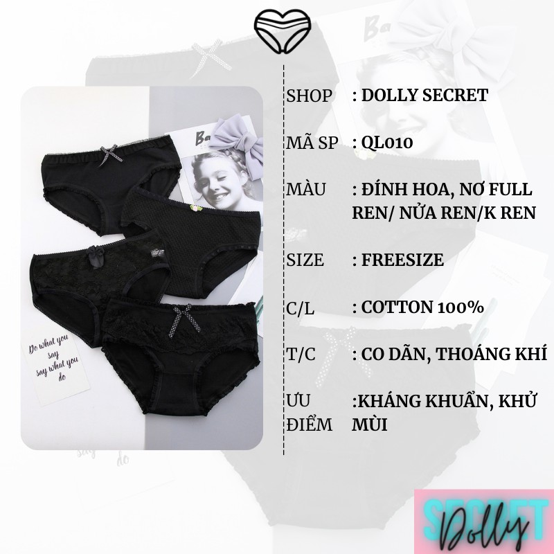 [Mã WASTUP24 giảm 10K đơn 50K] Hộp 4 Quần lót nữ chất liệu cotton kháng khuẩn nâng mông màu đen pha ren DOLLY SECRET | BigBuy360 - bigbuy360.vn