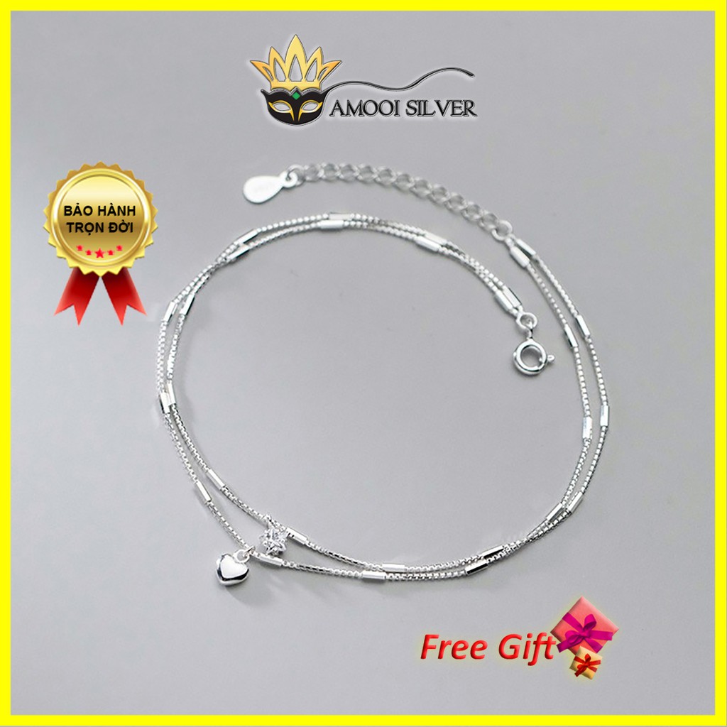 Lắc tay bạc S925 dây đôi trái tim ngôi sao - Amooi Silver AT43