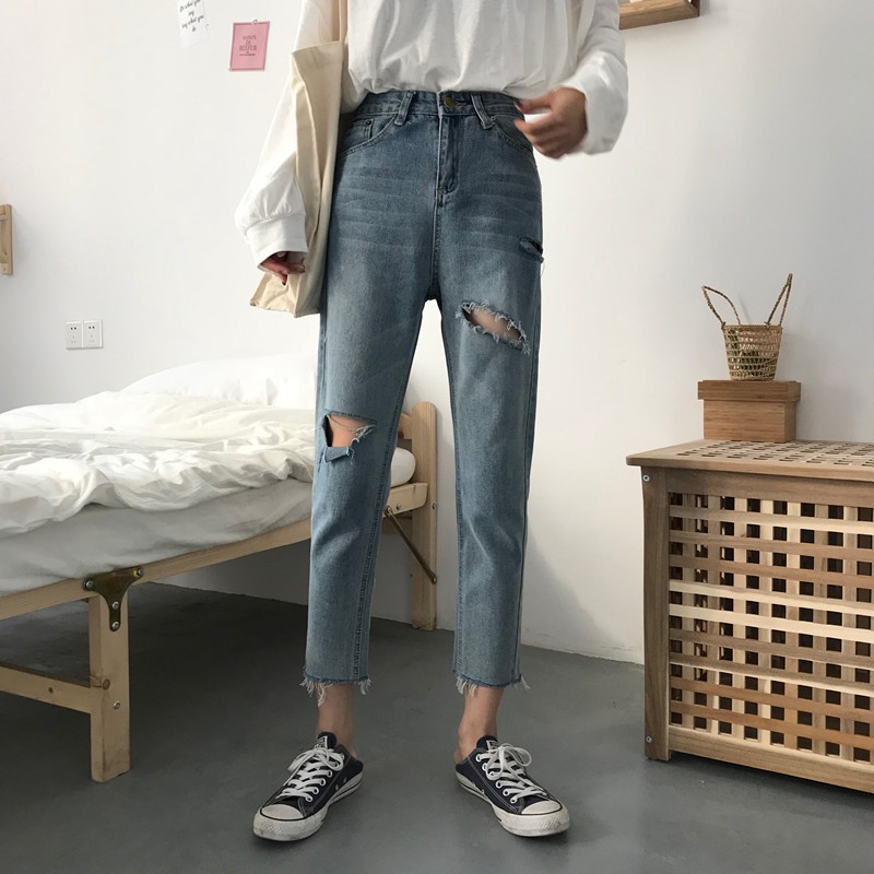 Quần ulzzang quần baggy jean nữ đẹp ống suông đen xanh quần jeans rách lửng ống rộng cạp lưng cao