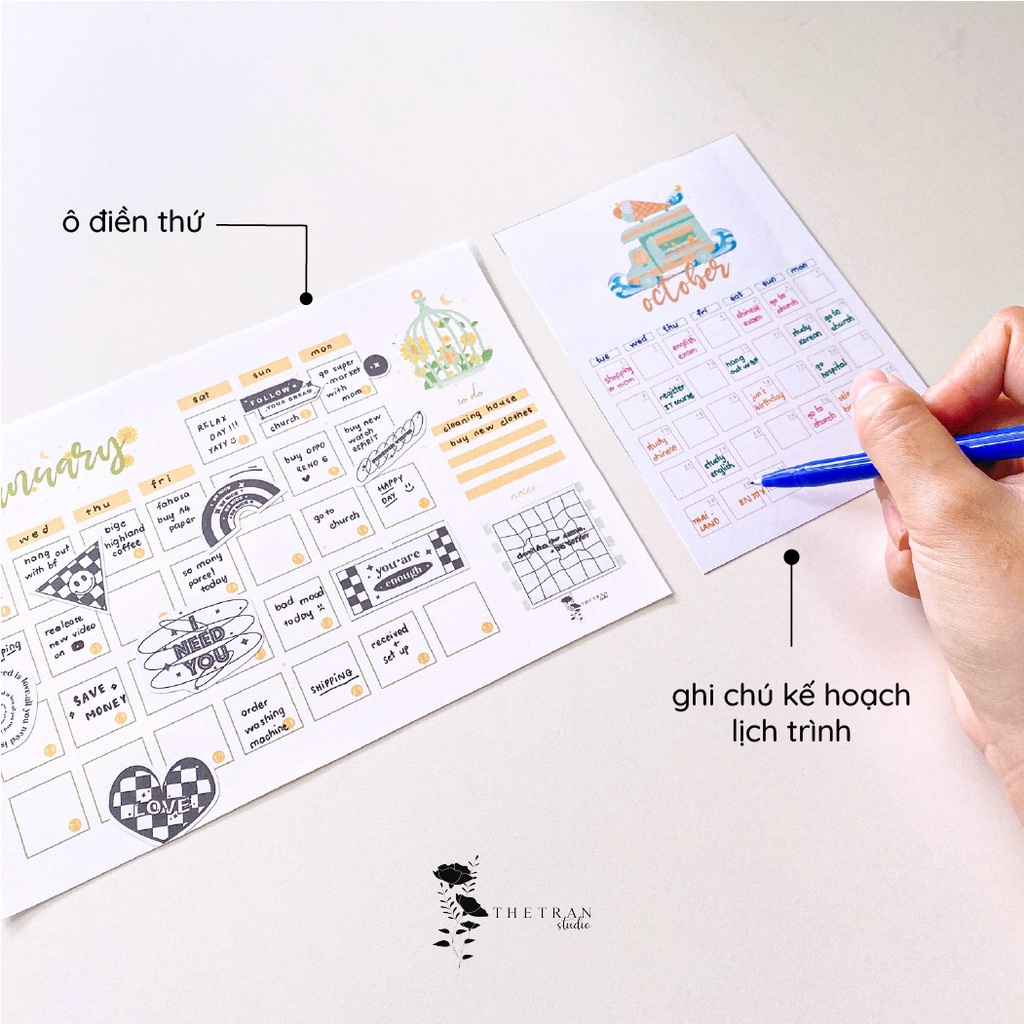 Bộ 12 tờ lịch kế hoạch hàng ngày 12 tháng dùng cho tất cả các năm A5, A6 / fantasy calendar / thetranstudio