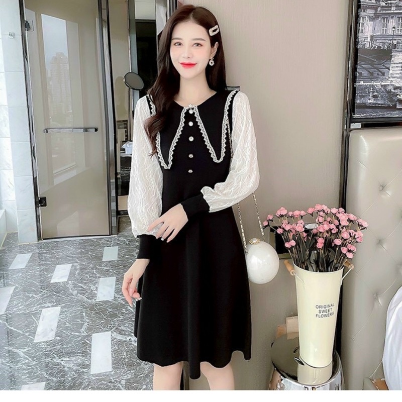 Váy Len hot Hit pha tay ren trắng bánh bèo ☺️ Trộm vía em này về bao nhiêu cũng hết 🎈 Bởi vì em nó lên dáng đẹp.