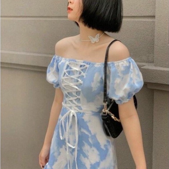 Đầm Nữ Loang Ngắn Tay Trễ Vai Dây Đan Trẻ Trung | BigBuy360 - bigbuy360.vn