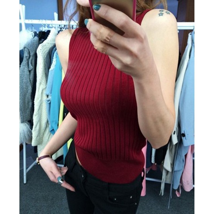 Áo dệt kim SUXI không tay dáng ngắn thiết kế đơn giản trẻ trung